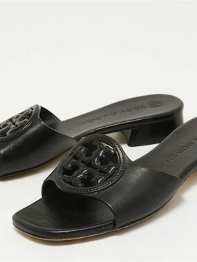 Tory Burch Black Leather Logo Slide Sandals